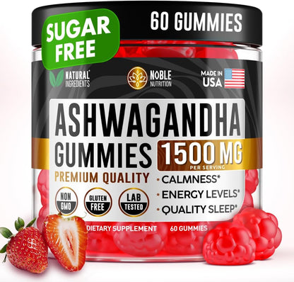 Ashwagandha Gummies for Women & Men - Sugar free Natural Root Extract 1500mg with 5-HTP & L-Tyrosine, 60 Gummies