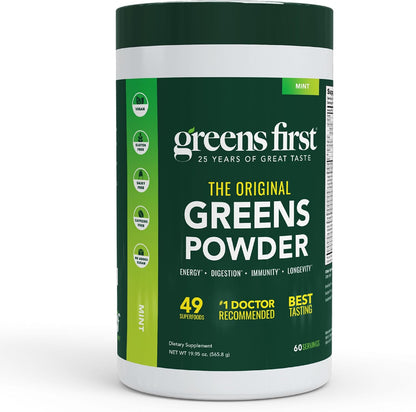 Greens First Original Greens Powder - 49 Superfoods - Organic Fruits & Vegetables - Prebiotics, Probiotics & Digestive Enzymes - Antioxidant Smoothie - Dairy-free, Vegan & Non-GM (Mint, 60 Servings)