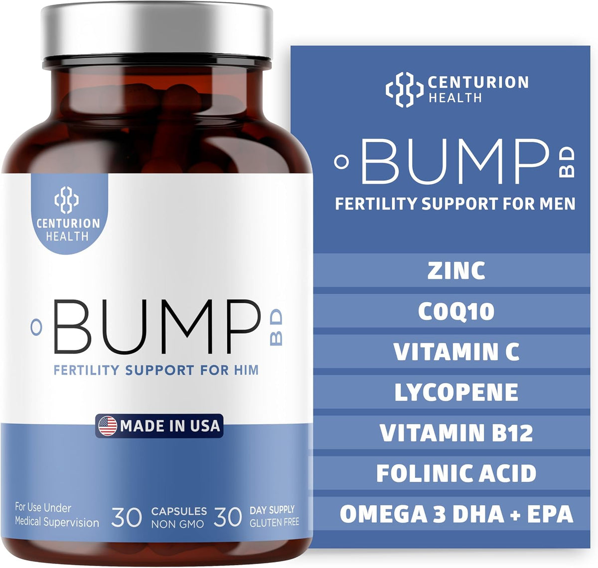 Centurion Health Bump BD – Natural Fertility Supplement for Men with Selenium, CoQ10, L-Methylfolate, Folinic Acid, DHA + – Image 1