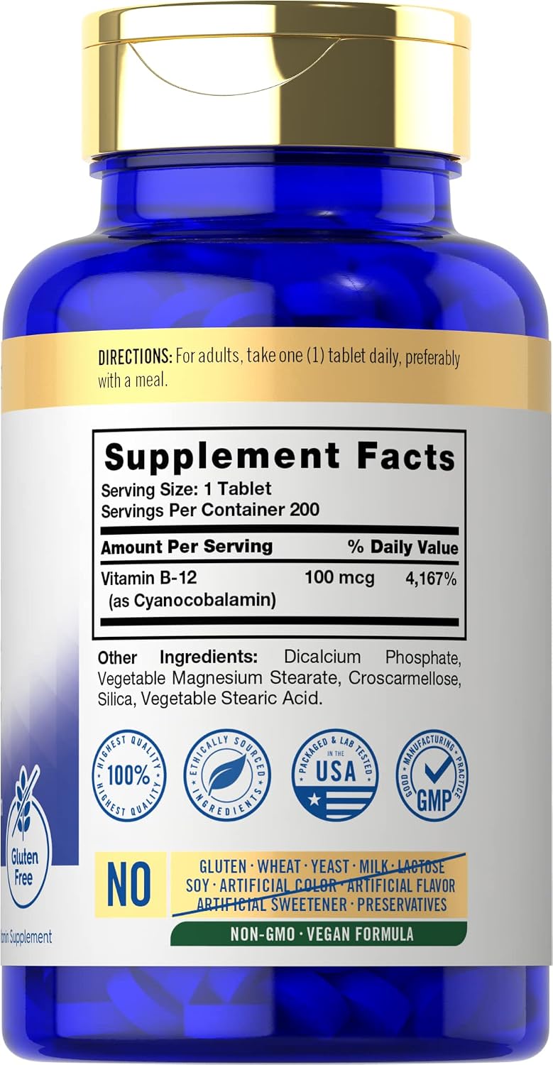 Carlyle Vitamin B12 100mcg | 200 Tablets | Vegan, Non-GM, Gluten free Supplement - görsel 2
