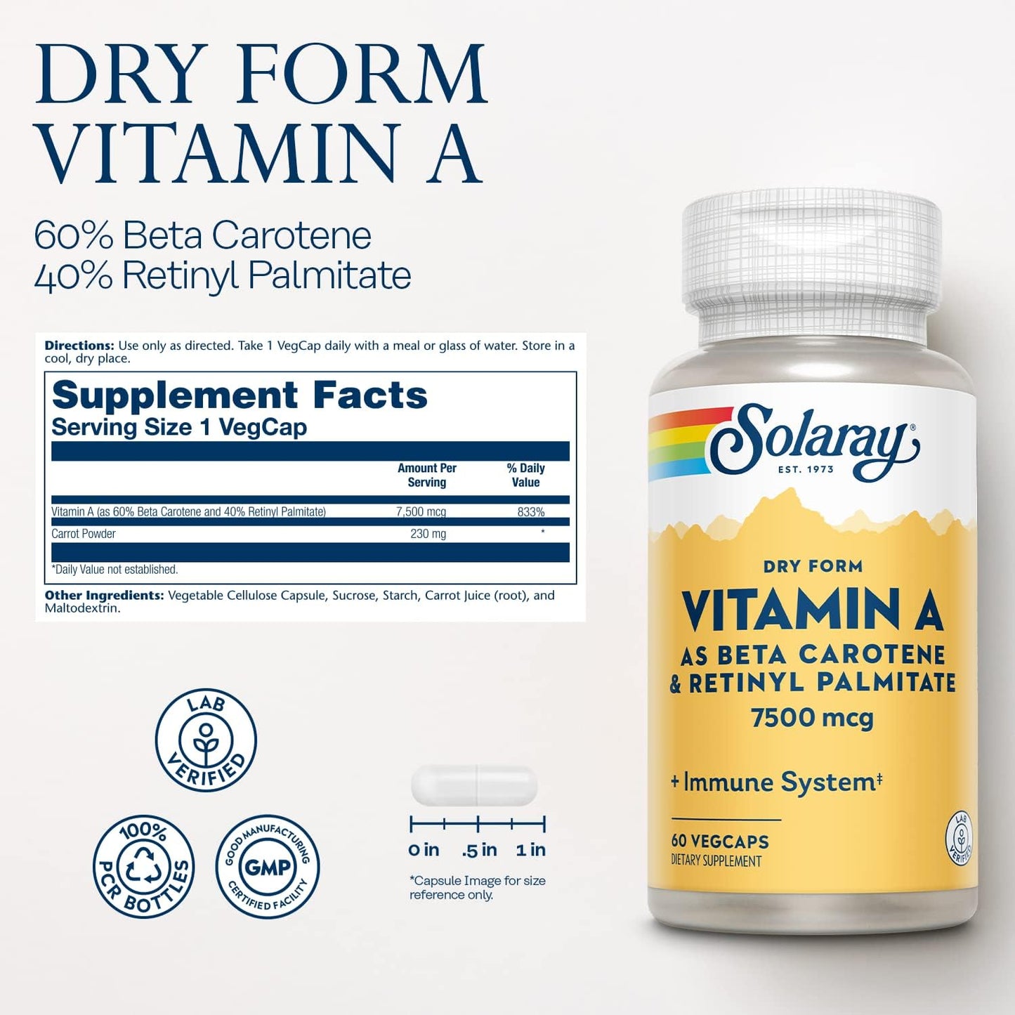 SOLARAY Dry Form Vitamin A - Beta Carotene & Retinyl Palmitate - 60 Veg Caps - görsel 2
