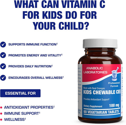 Kids Vitamin C Chewable Tablets - Delicious & Nutritious Chewable Vitamin C for Kids Immune Support and Overall Wellbeing - Made with Real Oranges and No Artificial Flavours or Colors - 60 Servings