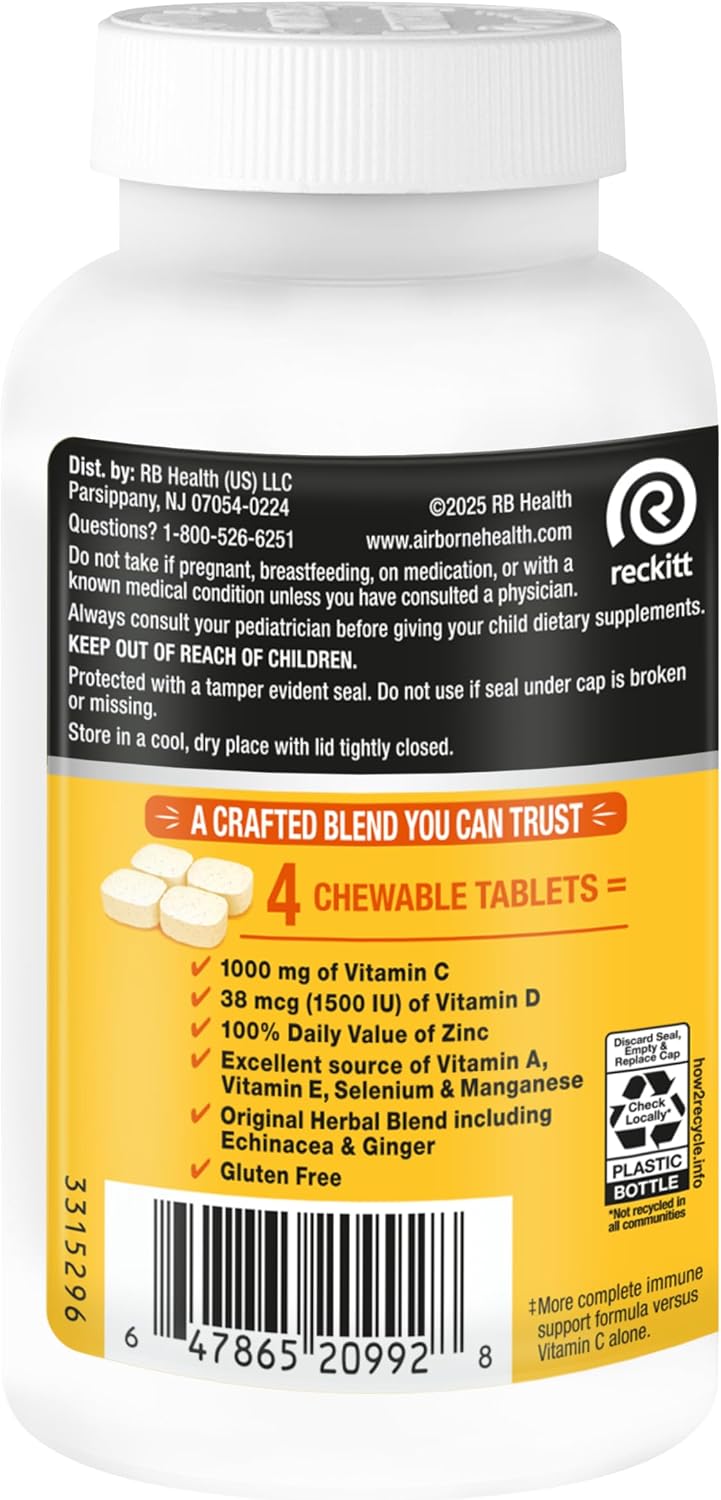 Airborne 1000mg Vitamin C + Zinc Immune Support Chewable Tablets, Citrus Flavour (116 Count) - görsel 2