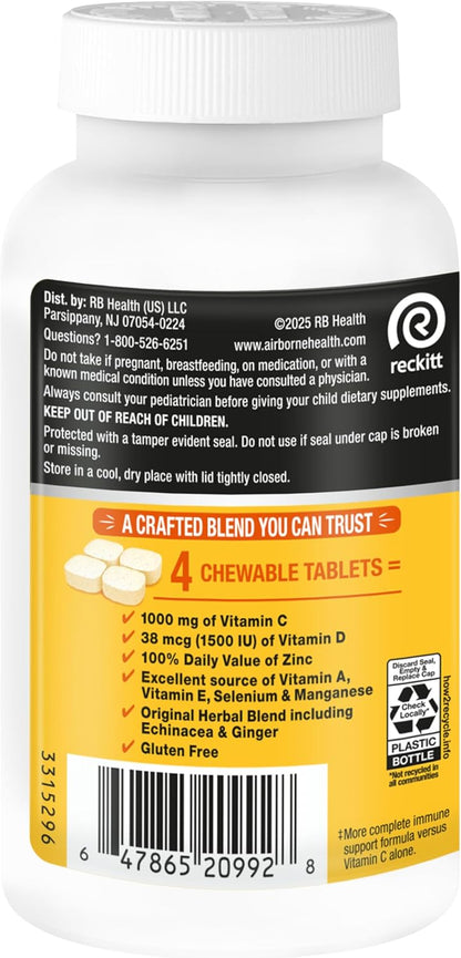Airborne 1000mg Vitamin C + Zinc Immune Support Chewable Tablets, Citrus Flavour (116 Count)