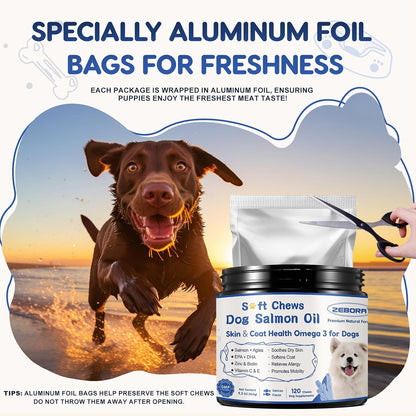 ZEBORA Salmon Oil Soft Chews for Dogs Skin & Coat - Omega 3-6-9 with Vitamins C & E - 120 Chews