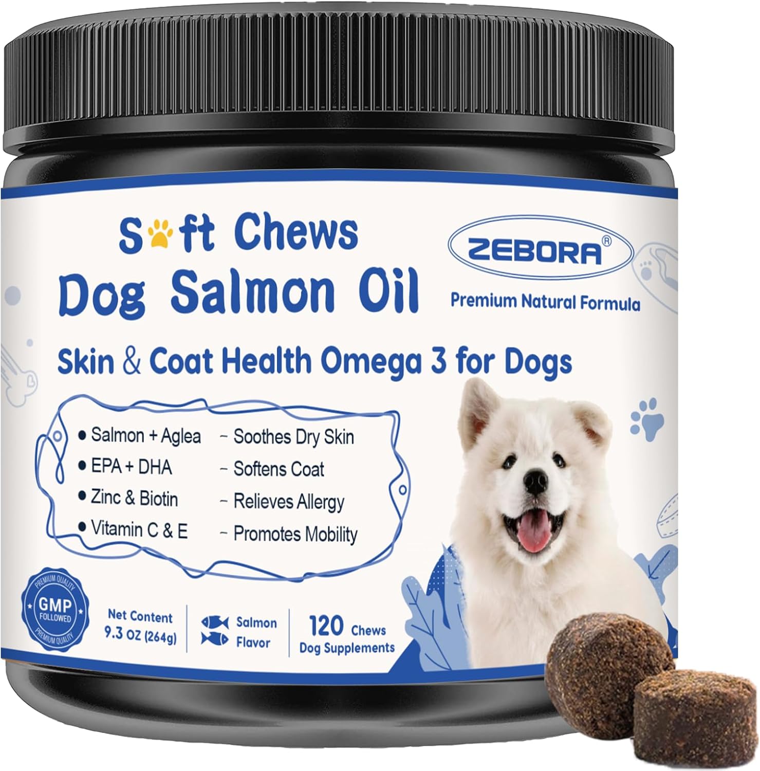 ZEBORA Salmon Oil Soft Chews for Dogs Skin & Coat - Omega 3-6-9 with Vitamins C & E - 120 Chews - görsel 1