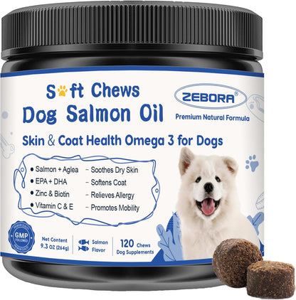 ZEBORA Salmon Oil Soft Chews for Dogs Skin & Coat - Omega 3-6-9 with Vitamins C & E - 120 Chews