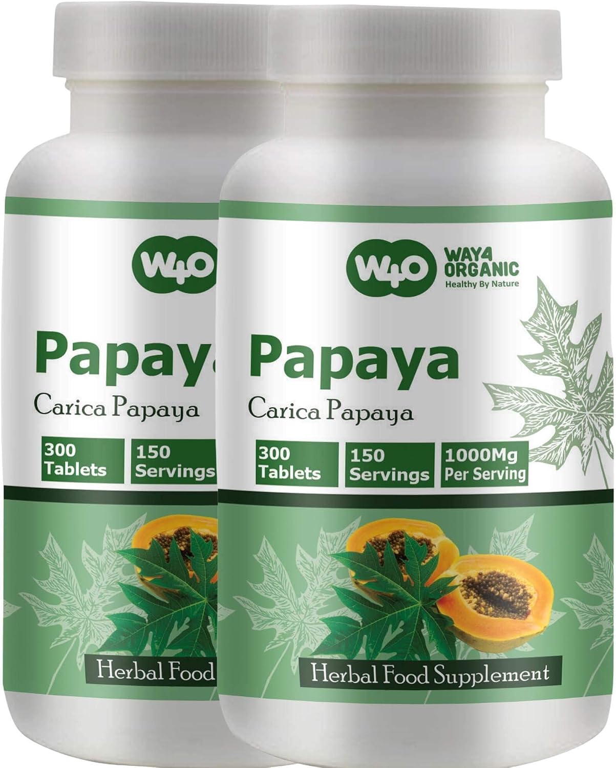 WAY 4 ORGANIC W4O Papaya Leaf Extract Tablets - 1000 mg, 300 Count (150 Servings) - Supports Digestion and Immunity - görsel 1