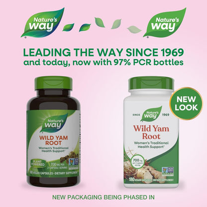 Nature's Way Wild Yam Root Capsules, Women's Traditional Support, 700 mg, 180 Vegan Capsules