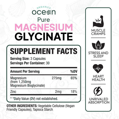 Organics Ocean Pure Magnesium Glycinate with Zinc – Chelated Magnesium for Sleep and Muscle Support – 6 Bottles