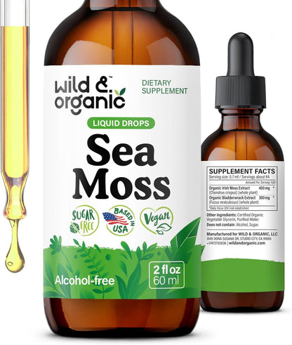 Wild & Organic Sea Moss Liquid Drops – Immune Support – Irish Sea Moss and Bladderwrack Tincture – Multimineral Chondrus Crispus Supplement – Vegan, Sugar & Alcohol-Free – 59 mL