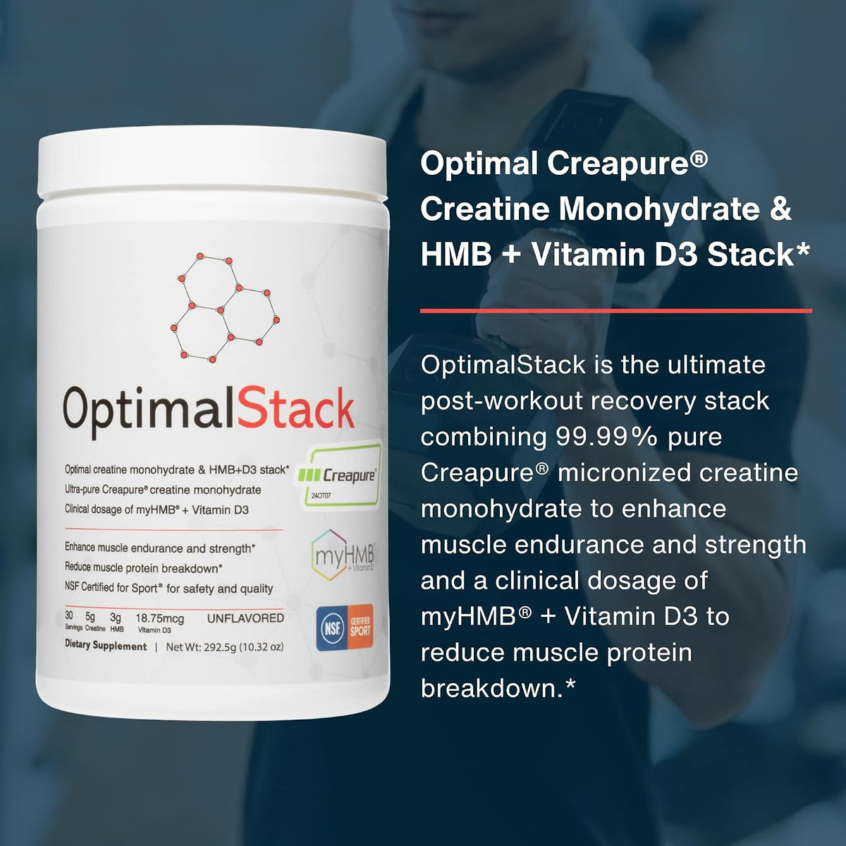OptimalStack Creatine Monohydrate, HMB & Vitamin D3 Stack | NSF Certified | Unflavoured, 30 Servings – Image 3