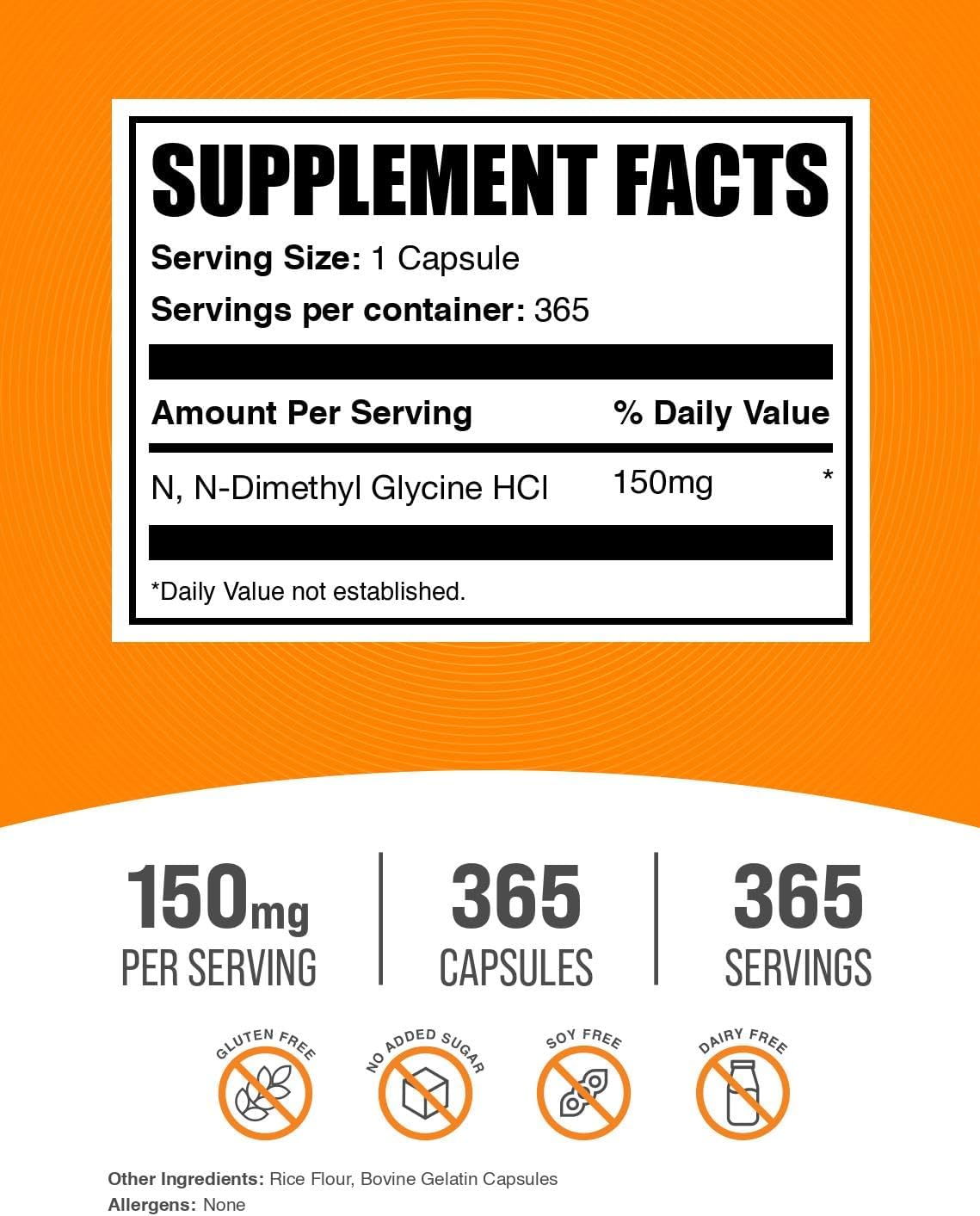 BulkSupplements.com DMG HCl Capsules - N,N-Dimethylglycine HCl, Glycine Supplements - Gluten Free, 150mg, 365 Count – Image 2