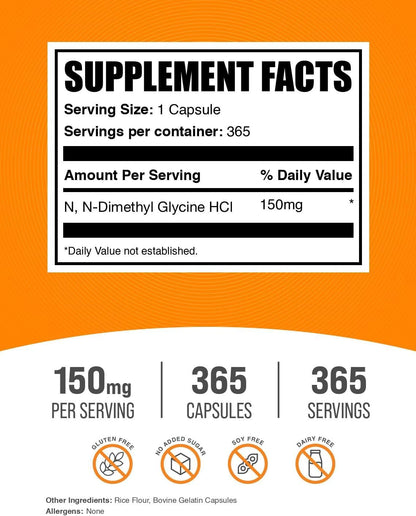 BulkSupplements.com DMG HCl Capsules - N,N-Dimethylglycine HCl, Glycine Supplements - Gluten Free, 150mg, 365 Count – Image 2