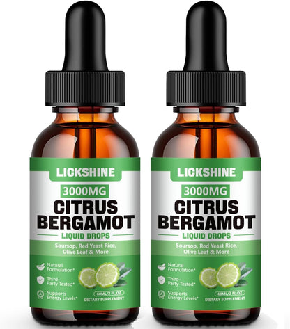 lickshine Citrus Bergamot Liquid Drops 3000mg - 2 Pack - Fast-Absorbing Liquid Supplement for Cholesterol & Immune Support, 120 mL Each