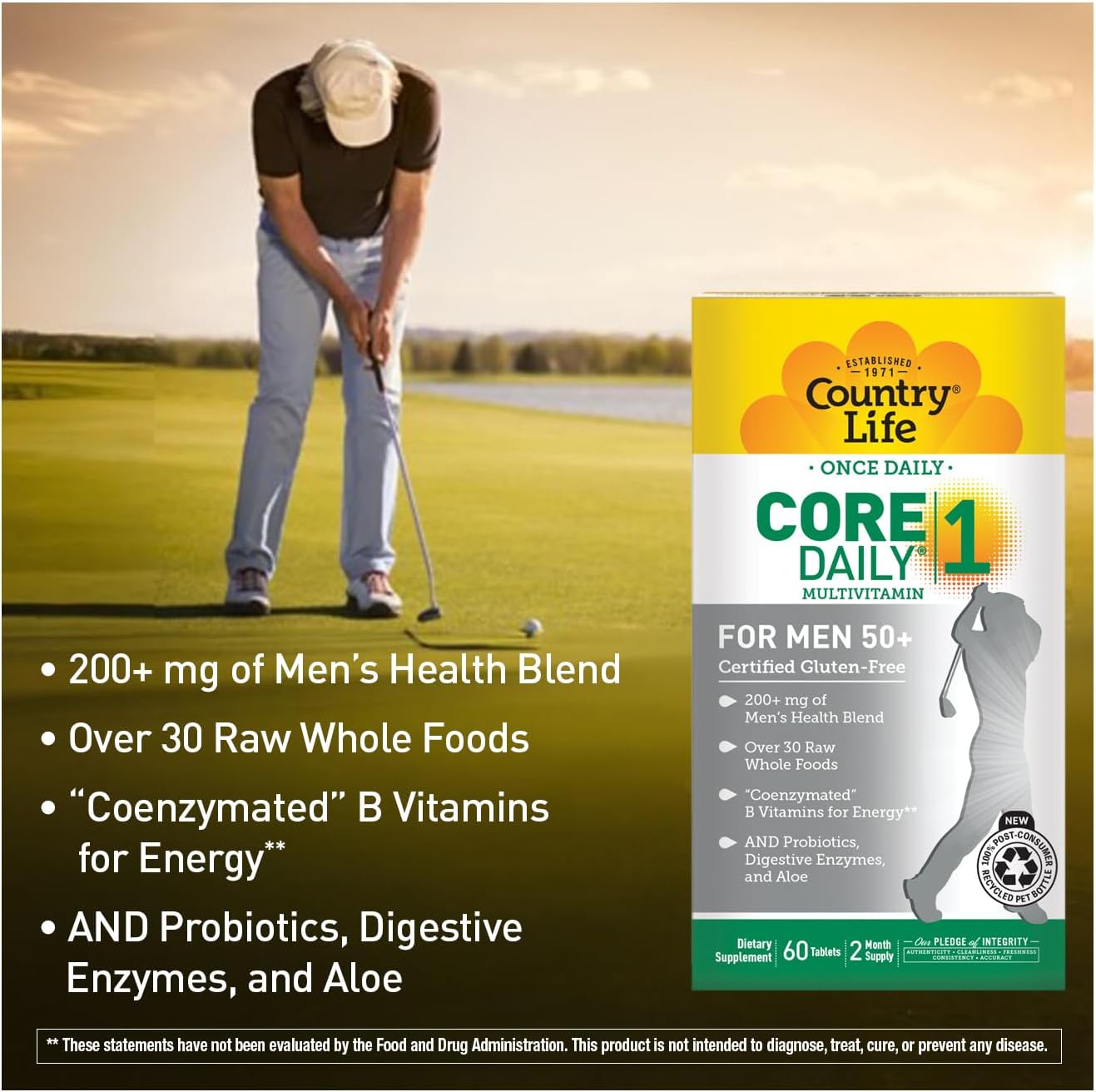Country Life CORE Daily-1 Multivitamin for Men 50+ - Energy & Immune Support with Coenzymated B Vitamins, Probiotics & Enzymes, 60 Tablets - görsel 4