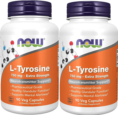 NOW Foods L-Tyrosine 750 mg, 180 Capsules (2-Pack)