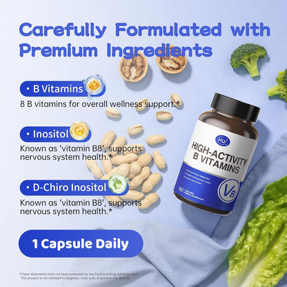 HUJ High-Activity B Vitamins - Supports Normal Energy Production & Nervous System Health - Supplement with 8 B Vitamins, Inositol and D-Chiro Inositol - 60 Capsules