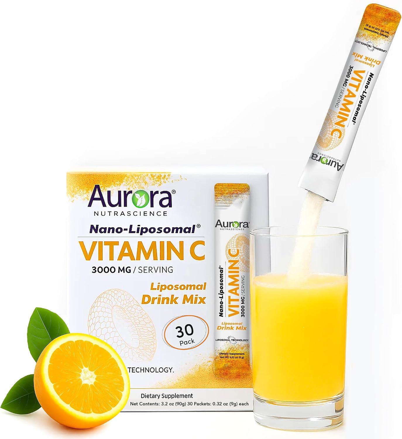 Aurora Nutrascience Nano-Pack Liposomal Vitamin C Powder Drink Mix - 3000 mg, Orange, 30 Packets - görsel 1