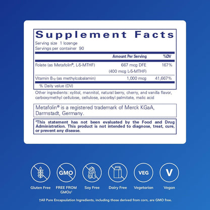 Pure Encapsulations PureMelt B12 Folate - Active B Vitamin with L-5-MTHF - Energy & Nerve Support - 90 Lozenges