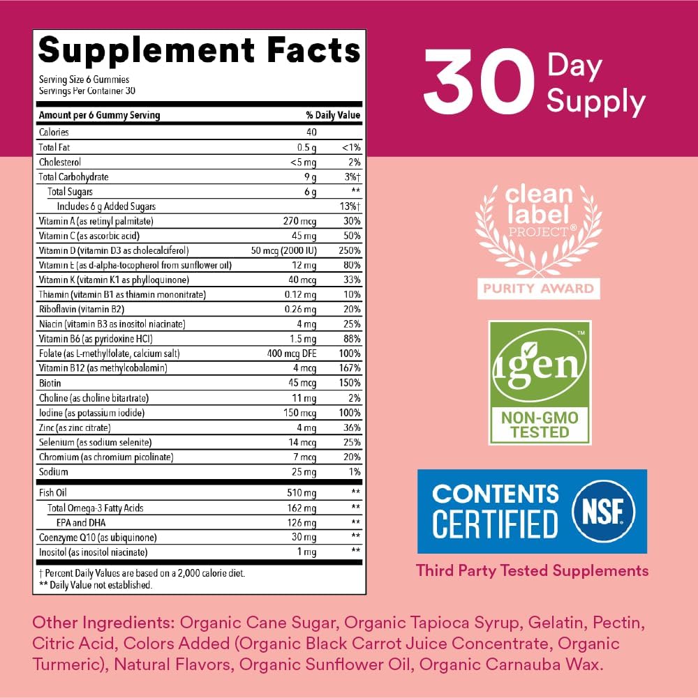 SmartyPants Women's Multivitamin Gummies: Omega 3 Fish Oil (EPA/DHA), Methylfolate, CoQ10, Vitamin D3, C, Vitamin B12, B6, A, K & Zinc, Inositol, Gluten free, 180 Count (30 Day Supply) - görsel 3