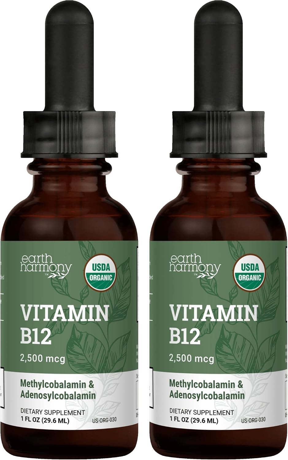 USDA Organic Vitamin B12 2000mcg Sublingual Liquid Supplement (2-Pack) - Vegan Methylcobalamin Drops for Natural Energy and Metabolism Support - 30 ml - görsel 1