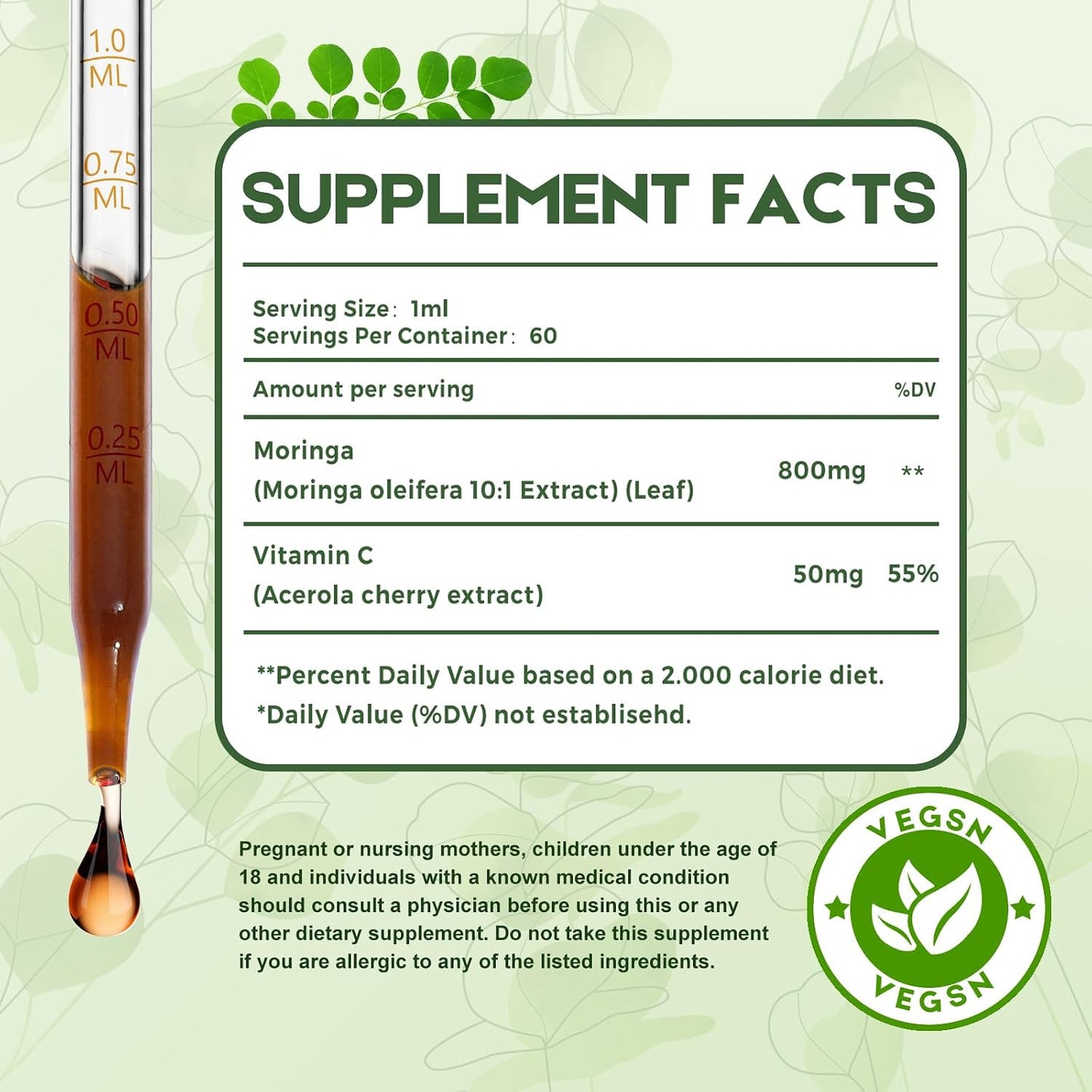 Moringa Leaf Drops with Vitamin C, Moringa Oleifera Extract Liquid Drops for Immunity Support, Antioxidant, Overall Health & Energy, Vegan Herbal Supplement 120 mL - görsel 2