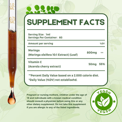 Moringa Leaf Drops with Vitamin C, Moringa Oleifera Extract Liquid Drops for Immunity Support, Antioxidant, Overall Health & Energy, Vegan Herbal Supplement 120 mL