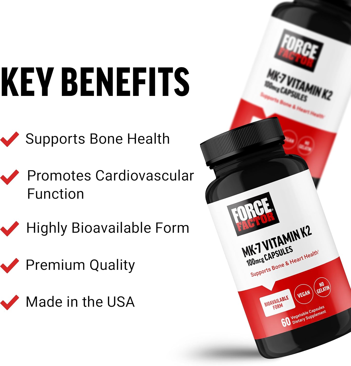 Force Factor MK-7 Vitamin K2 100mcg, Bone Support, Heart Health, Bioavailable, Vegan, Non-GM, 60 Vegetable Capsules - görsel 2