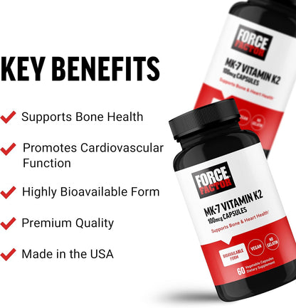 Force Factor MK-7 Vitamin K2 100mcg, Bone Support, Heart Health, Bioavailable, Vegan, Non-GM, 60 Vegetable Capsules