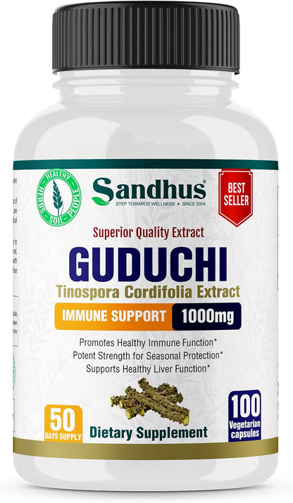 Sandhu's Guduchi (Tinospora Cordifolia) Giloy 100 Vegetarian Capsules Immune Support 1000mg per Serving