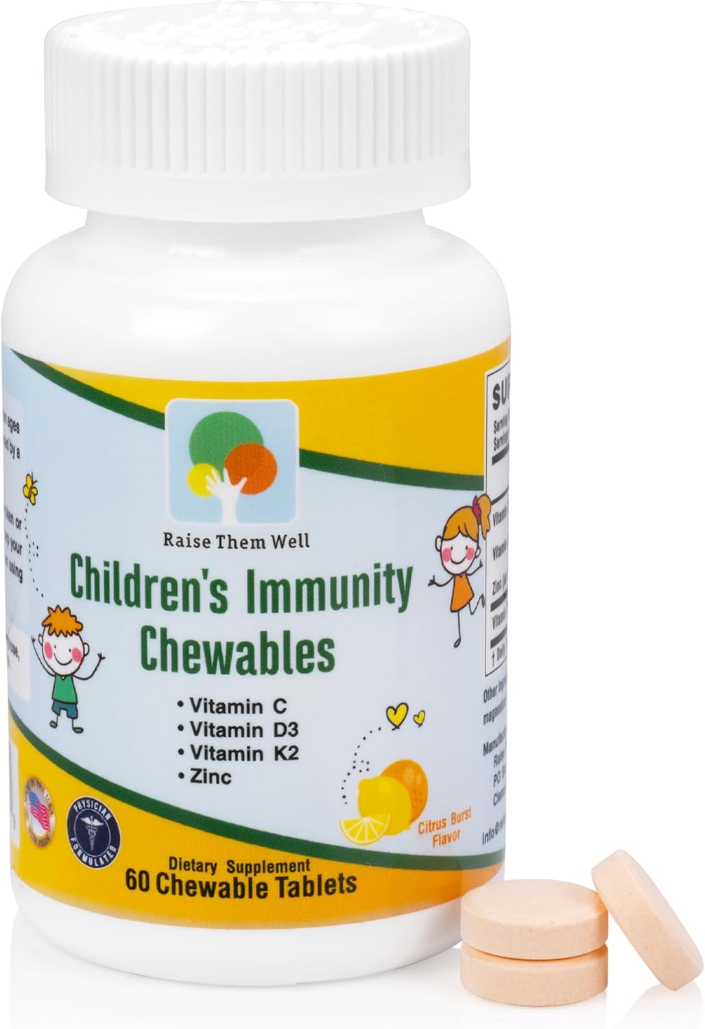 Raise Them Well Kids Vitamin C & Immune Support – Citrus Chewables with Zinc & Elderberry, Doctor Formulated, 60 Tablets - görsel 1