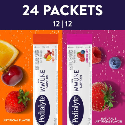 Pedialyte with Immune Support, Electrolyte Drink Powder Variety Pack (Fruit Punch & Mixed Berry) - 24 Powder Packets