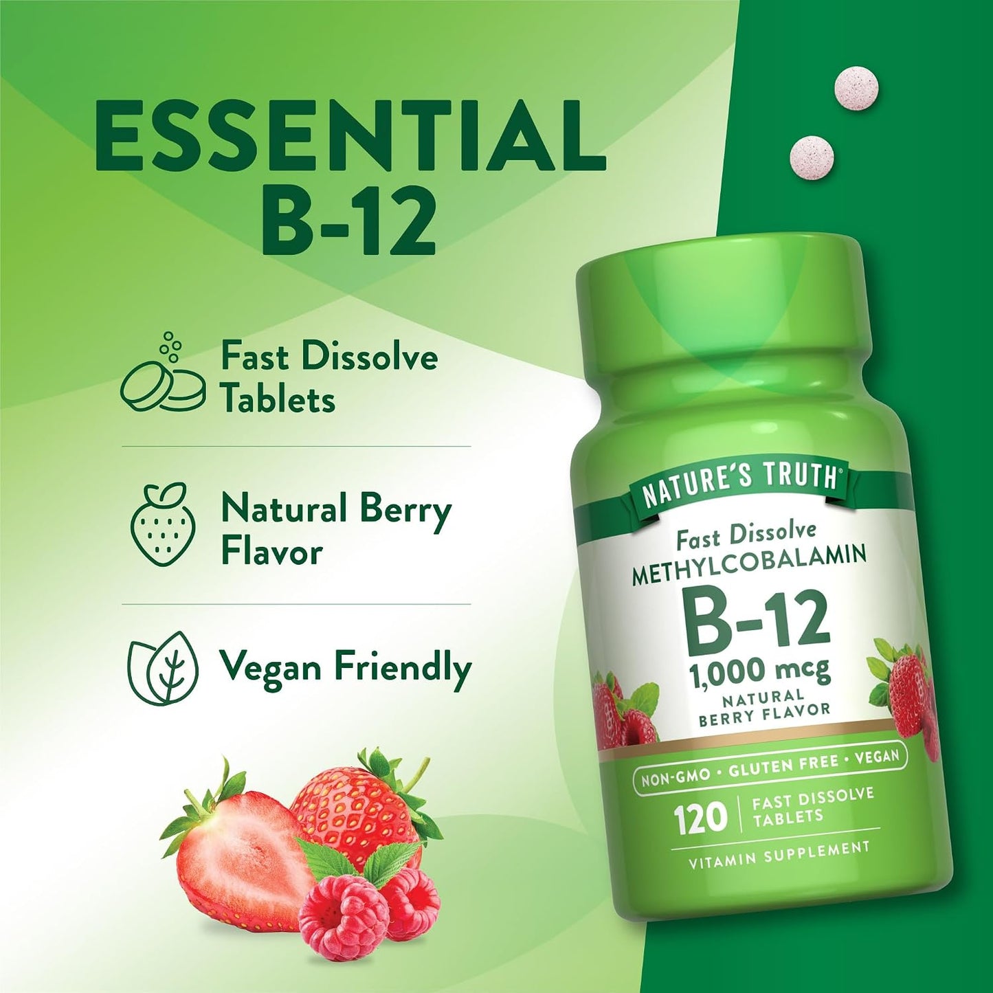 Nature's Truth B12 Vitamin Sublingual Tablets, 1000 mcg, 120 Count - Vegan, Non-GM & Gluten free - görsel 5