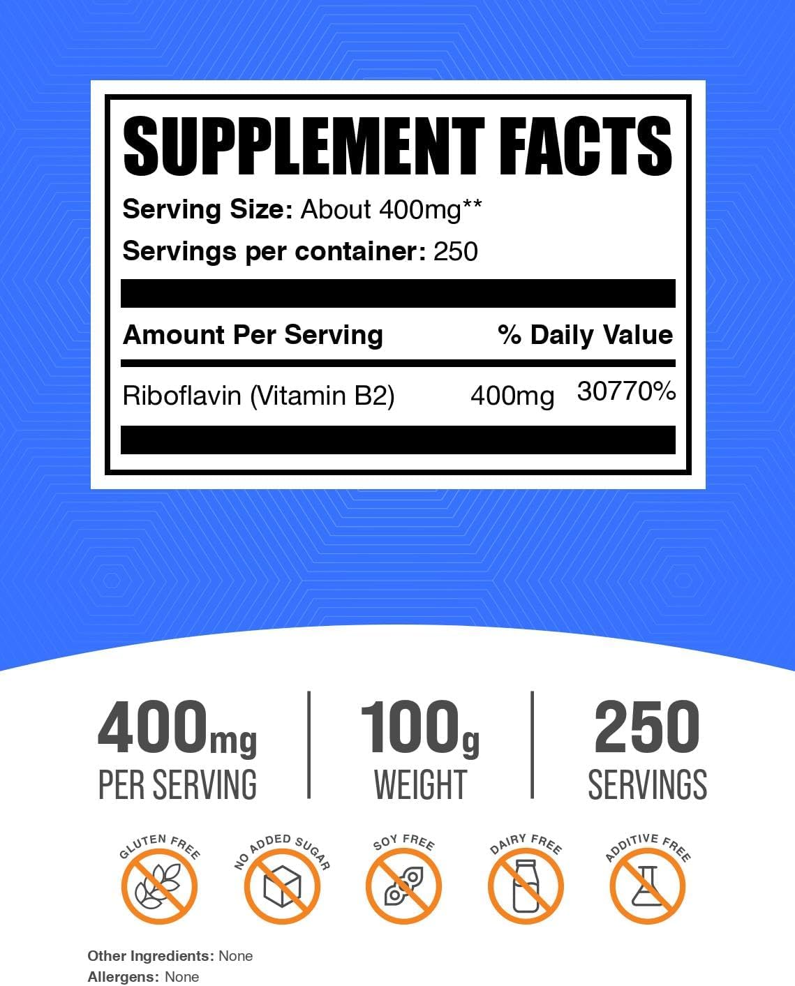 BulkSupplements.com Riboflavin Powder - Vitamin B2 Supplement, 400mg per Serving, 100g - görsel 2