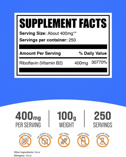 BulkSupplements.com Riboflavin Powder - Vitamin B2 Supplement, 400mg per Serving, 100g