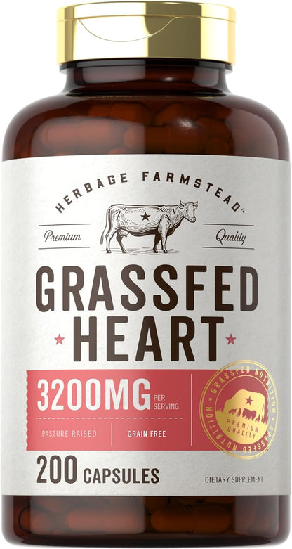 Carlyle Grass Fed Beef Heart Supplement - 3200mg - 200 Count - Desiccated Pasture Raised Bovine Capsules - Non-GM, Gluten free