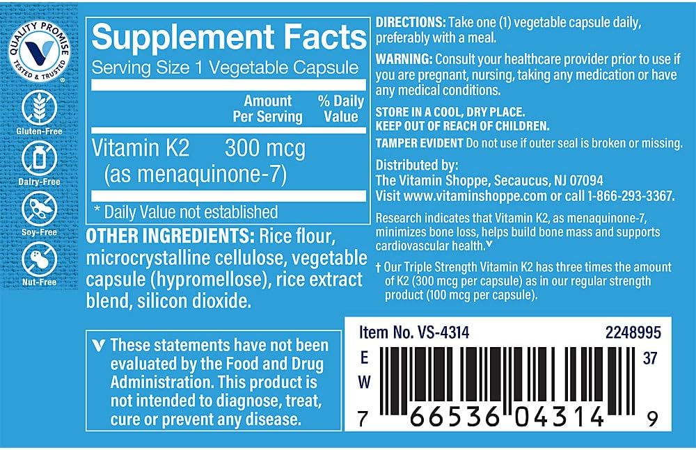 The Vitamin Shoppe Vitamin K2 MK-7 300mcg Triple Strength - Bone & Heart Health - görsel 2