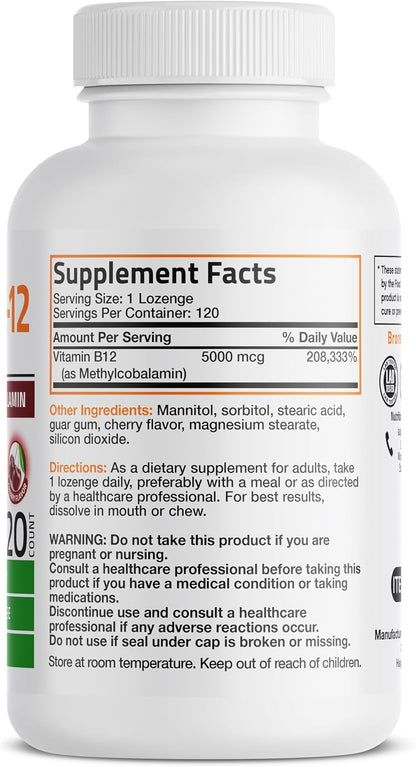 Bronson Methyl B12 5000 mcg Vitamin B12 – Brain and Nervous System Health: B12 is essential for producing myelin, – Image 2