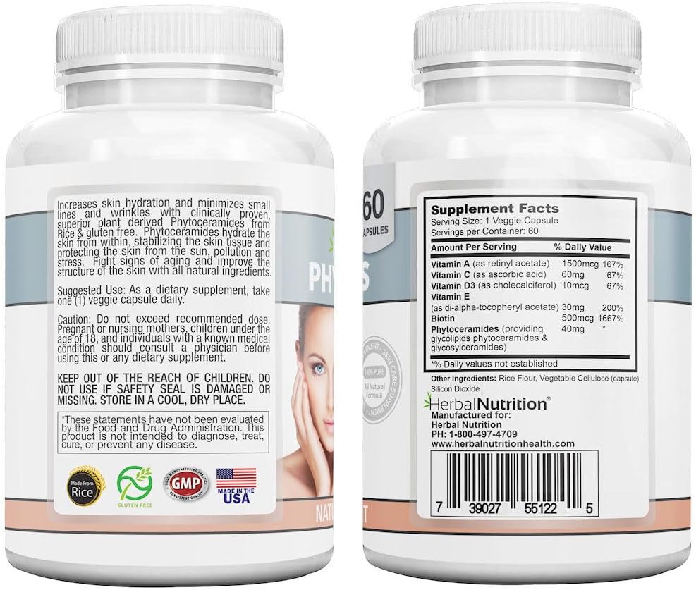 Herbal Nutrition Phytoceramides from Rice with Biotin Vitamin A, C, D and E, Three Bottle Pack, 180 Capsules 40mg - görsel 7