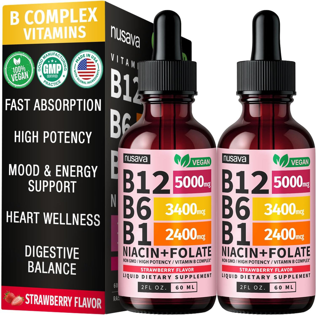 NUSAVA Vitamin B12 Liquid Drops 5000mcg - B-Complex with B6 and B1 - Sublingual Methylcobalamin, Vegan, Non-GM, Strawberry – Image 1