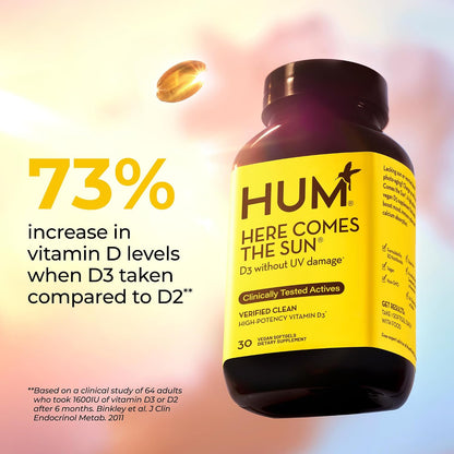 HUM Here Comes The Sun - Vegan Vitamin D3 Immune Support Supplement (2000 IU, 30 Softgels)