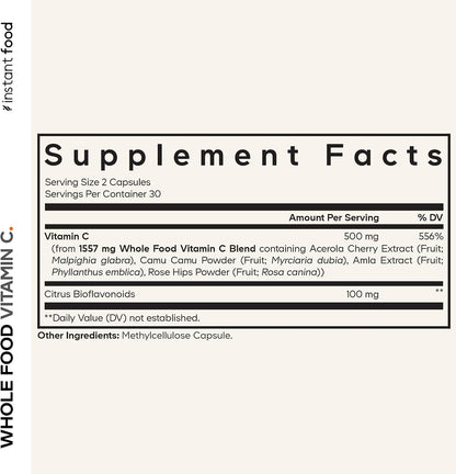 Codeage Wholefood Vitamin C Supplement - Acerola Cherry, Camu Camu, Amla Berry & Rose Hips Blend - Citrus Bioflavonoids - – Image 2