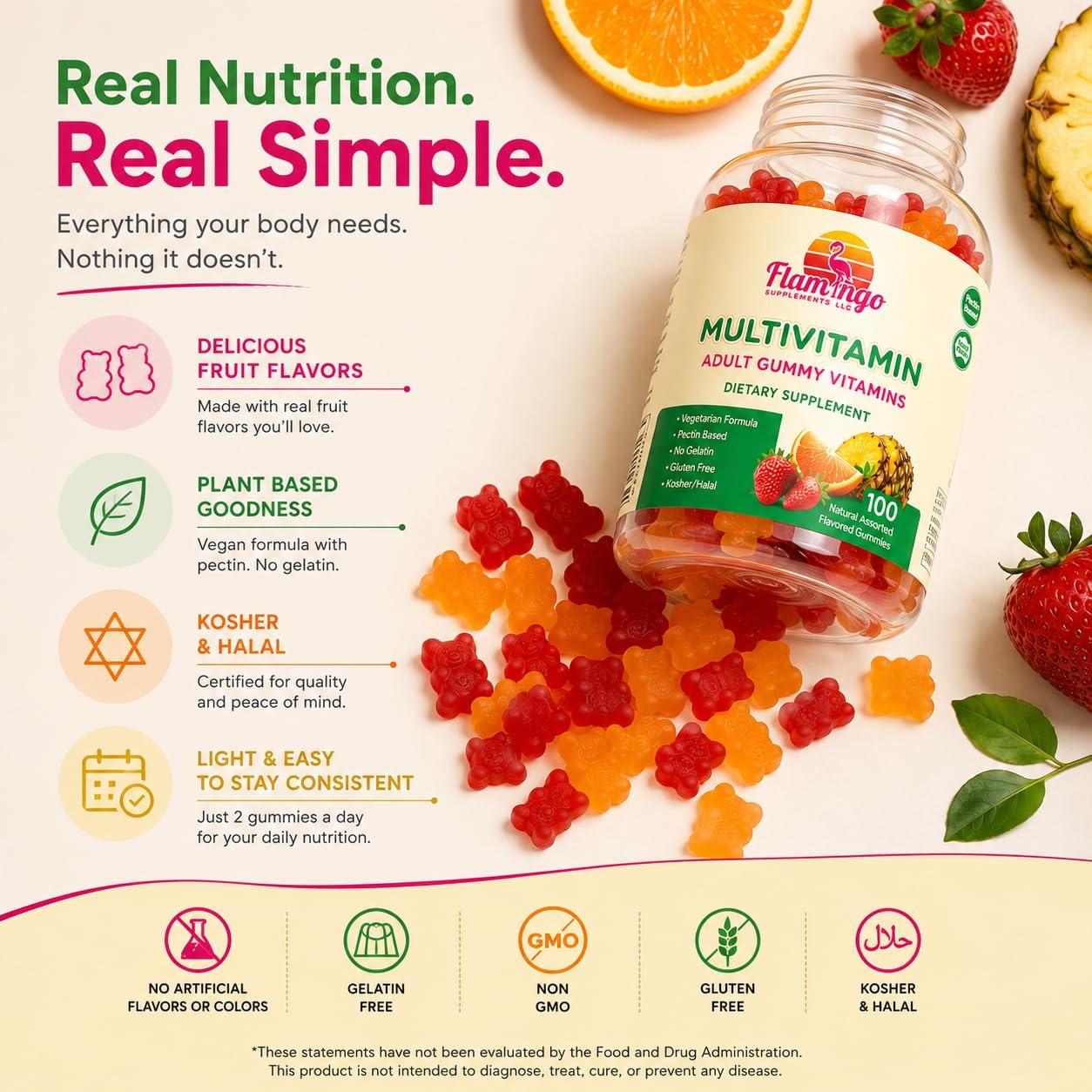 Flamingo Supplements Multivitamin Gummies | Vegan Friendly, Kosher Halal, No Gelatine, Non-GM | for Men, Women & Kids | 3 Natural Flavours | Vitamins C, B3, B12, Biotin, Zinc & More | 100 Gummies - görsel 3