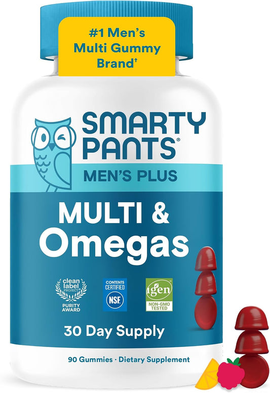 SmartyPants Men's Multivitamin Gummies with Omega 3 DHA/EPA, Methylfolate, Vitamin D3, C, B12, B6, A, K, Zinc – Raspberry – Image 1