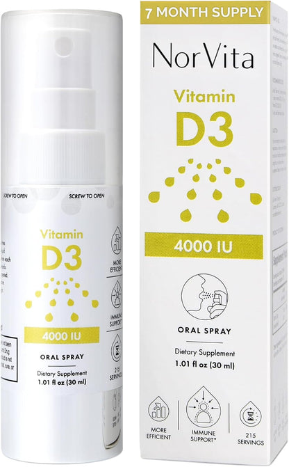NorVita Vitamin D3 Spray 4000 IU - High Absorption Vegan Mouth Spray for Bone & Immune Support (30 ml, 215 Servings)