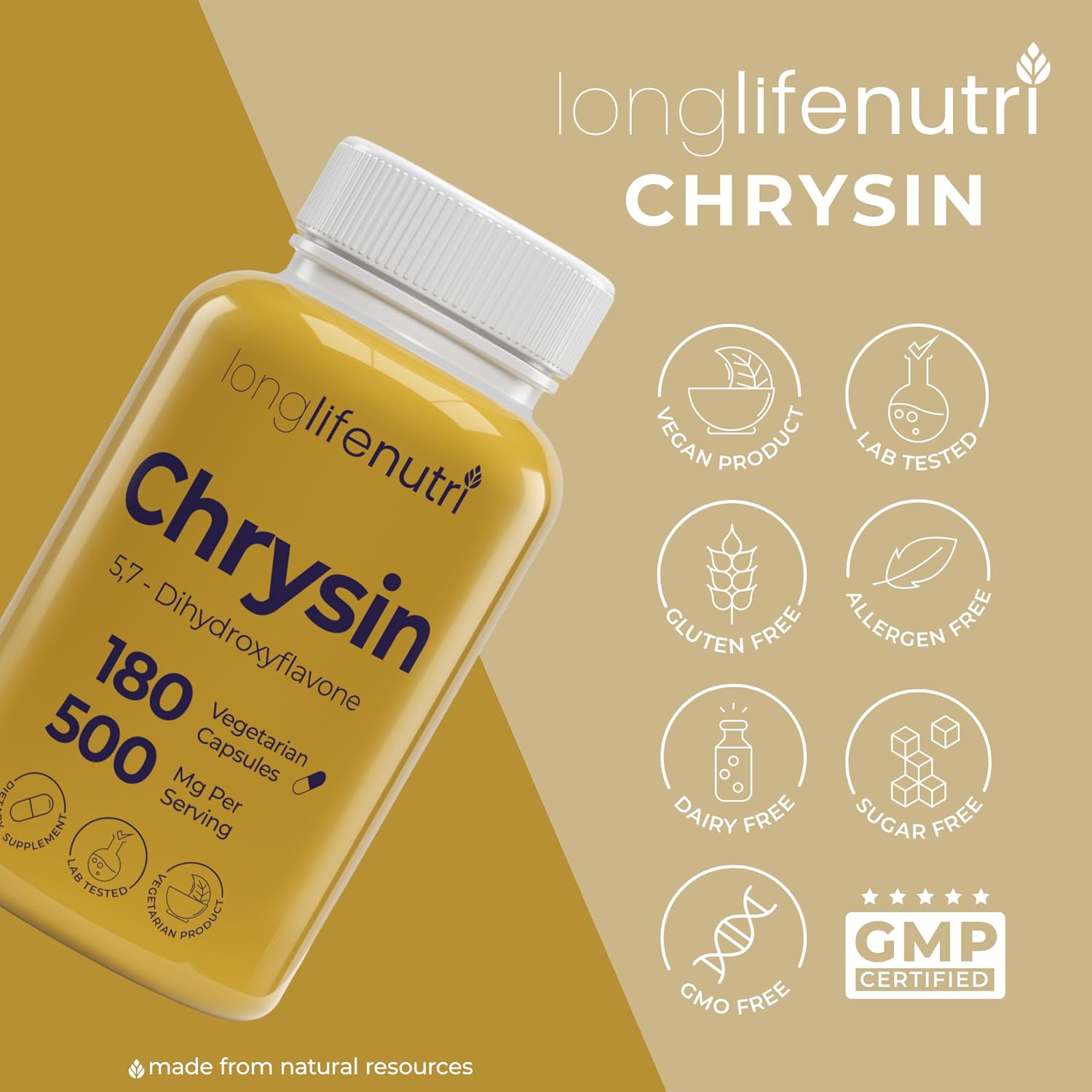 LongLifeNutri Chrysin 500mg – 180 Vegetarian Capsules - görsel 7