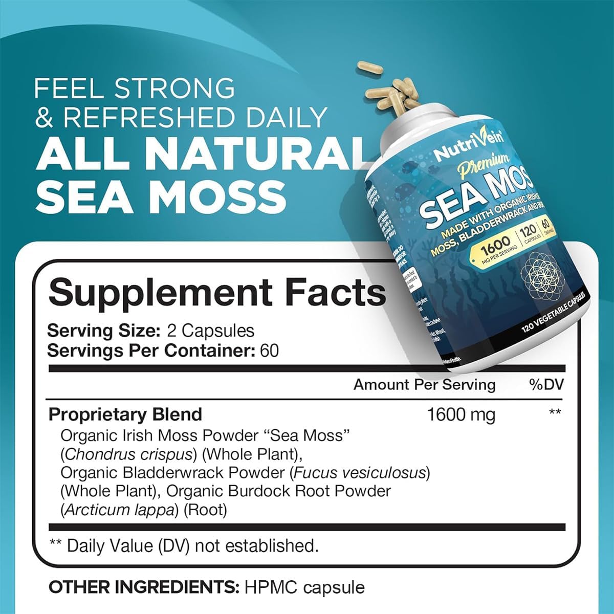 Nutrivein Organic Sea Moss 1600mg Plus Bladderwrack & Burdock - 120 Capsules - görsel 2
