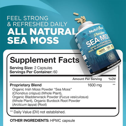 Nutrivein Organic Sea Moss 1600mg Plus Bladderwrack & Burdock - 120 Capsules