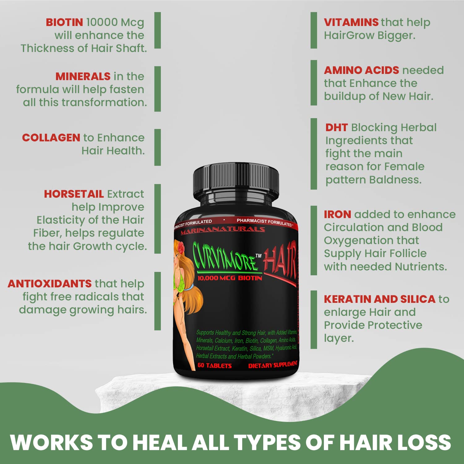 CURVIMORE Hair Growth Supplement - Biotin 10000mcg, Keratin, Collagen, Silica, Horsetail - 60 Tablets - görsel 4